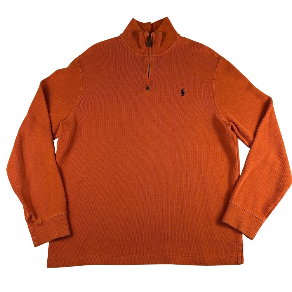 Polo Ralph Lauren Sweater Mens Large Orange Knit Quarter Zip Mock Neck Pullover
